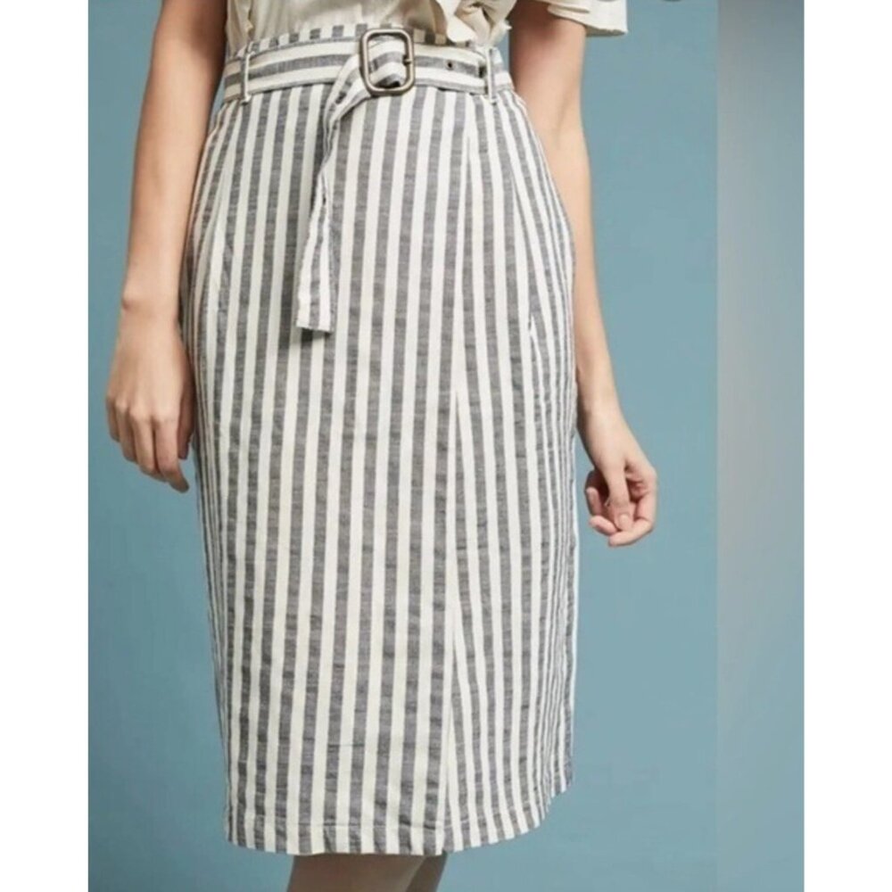 Anthropologie Womens 12R Striped Wrap Straight Pencil Skirt Midi Pockets